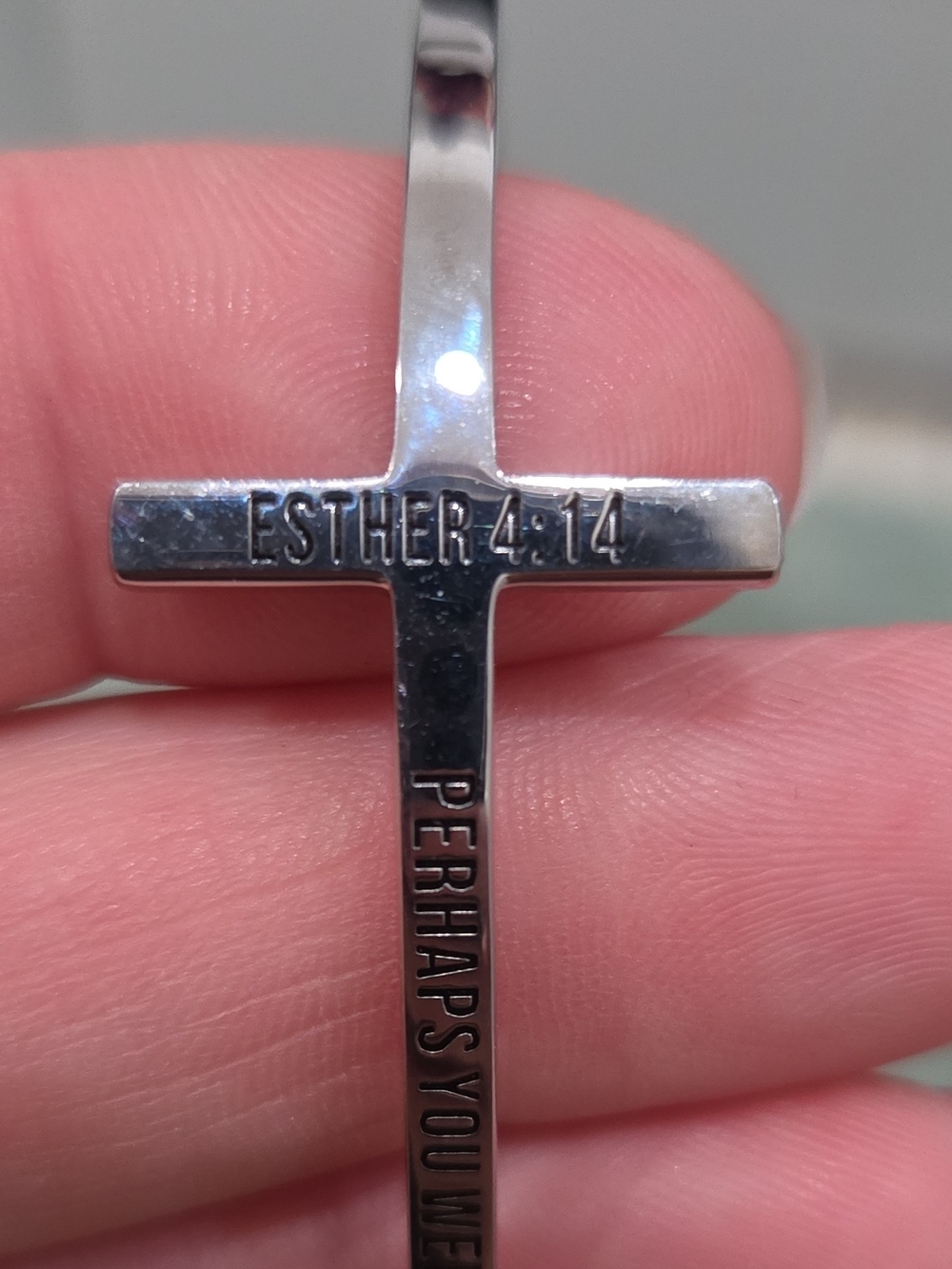 Silver Tone Cross Cuff Bracelet Engraved Esther 4:14 "Such a Time as This"